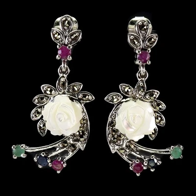 925 Sterling Silver Earrings Ruby Emerald Sapphire Mop Natural Gemstone Jewelry - Image 1 of 4