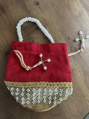 Bolso Potli Rojo, Bolsa con Cordón, Cartera de Noche, Dorado, Perla, Seda Foto 1 de 4