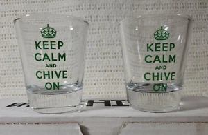 2 Chive, Shot Glasses KEEP CALM CHIVE ON Green Letters Clear Glass Novelty w/box - Picture 1 of 4