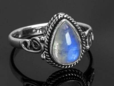 Naturale Pietra di Luna Anello,925 Argento Sterling,Boho Pera Tutti Misure - Immagine 1 di 4