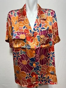 DR2 Women XL Satin Button Down Orange Magenta Floral Top Shirt Blouse New NWT - Picture 1 of 8