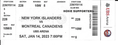NEW YORK ISLANDERS MONTREAL CANADIENS JANUARY 14,2023 NHL STUB Ticket USB ARENA Cover