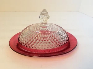 Vintage Indiana Glass Diamond Point Ruby Flash Covered Butter Dish - Picture 1 of 7