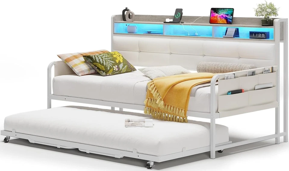 Twin Daybed with Trundle with Upholstered Headboard, LED Lights Metal Bed Frame - Image 1 of 4