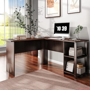 L-Shaped Computer Desk with Shelves, Home Office Workstation Dark Brown - Picture 1 of 6