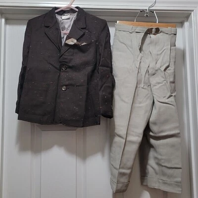 De Colección Años 70 Niños 4 piezas Marrón Manchado Traje Chaqueta Clip Corbata Gris Pantalones Cinturón JCP Talla 5T Foto 1 de 4