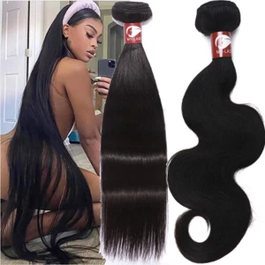 Paquetes de Extensiones de Cabello Humano 100% Virgen Brasileña Recta/Ola Tejidos #Negro - Imagen 1 de 13