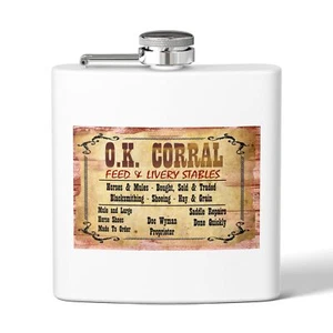 OK Corral LIver Stable Tombstone Cowboy Flask, 6oz Stainless Steel, - Picture 1 of 5