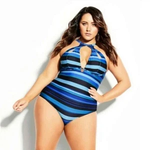 City Chic blow Striped Cancun One Piece halter Swim suit plus size S 16 new!!! - Picture 1 of 9
