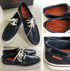 New ROCKPORT Navy Blue Leather Boat Shoes mens 11M NIB Marine Nautical LOGO - Picture 1 of 14