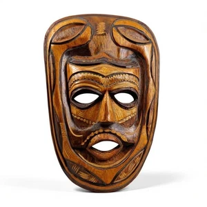 Hand Carved Wooden Tribal Wall Mask 16" Rustic Boho Witchcore Decor - Picture 1 of 12
