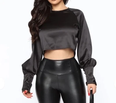 Fashion Nova Just One Date Black Satin Top XL Goth Rock Classic Party Punk Sexy - Image 1 of 4