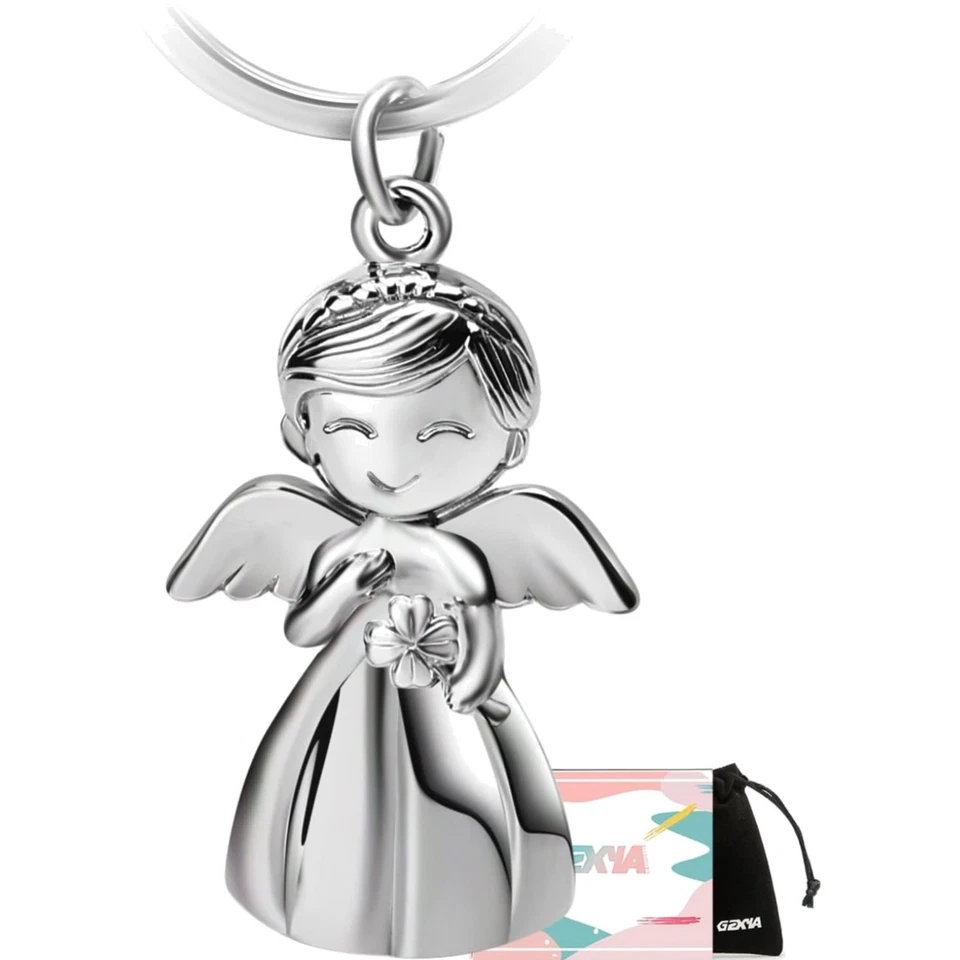 Schutzengel Schlüsselanhänger, Glücksbringer, Kleeblatt, Damen, Geschenk, Silber - Bild 1 von 4