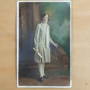 1928 Color RPPC Real Photo Postcard of 14 yo Sophia on her Commencement Day - Picture 1 of 8