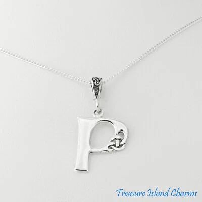 Collar Colgante Letra Inicial P con Nudo Celta Plata de Ley 925 16" 18" Foto 1 de 2