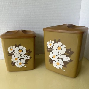 Canister Set Avacado Green 70s Vtg MCM Floral Plastic Nesting W/ Lids Set Of 2 - Picture 1 of 9
