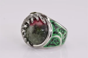 Global Green & Red Ruby in Zoisite Leaf Enamel Statement Stainless Ring Sz: 9 - Picture 1 of 6