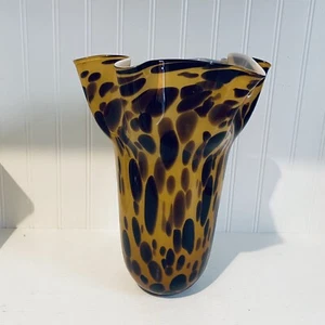 Tortoise Shell/Leopard Art Glass Vase Ruffled Handkerchief 11” - Picture 1 of 6