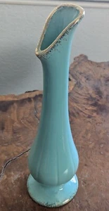 Vintage Ceramic MCM Turquoise Blue Gold Trim Vase Swung Opening 11.5" - Picture 1 of 10