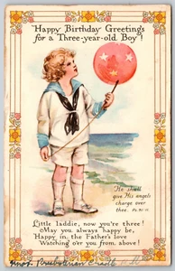 Postcard Happy Birthday Three Year Old Boy Sailor Suit Red Balloon Cradle Roll - Picture 1 of 2