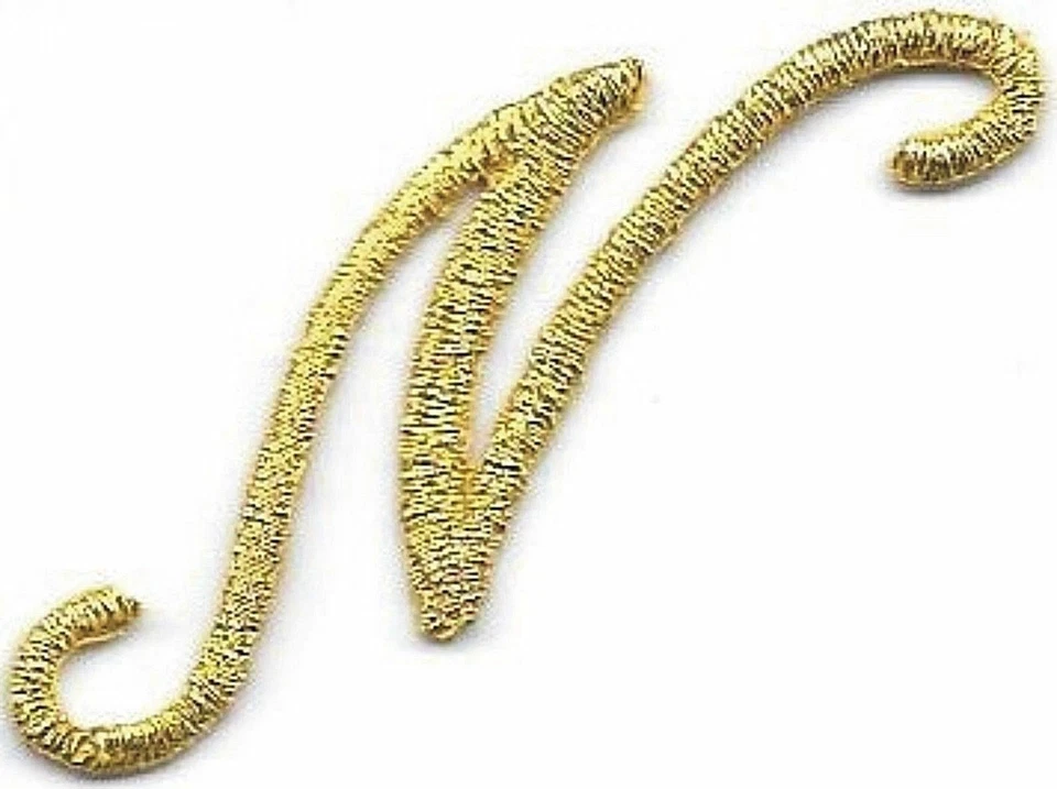 1 1/8" Fancy Metallic Gold Script Cursive Alphabet Letter N Embroidered Patch - Image 1 of 1