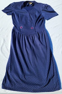 Vintage Virgo II Dress Women's 14 Blue Polka Dots Padded Shoulders Retro Classic - Picture 1 of 10