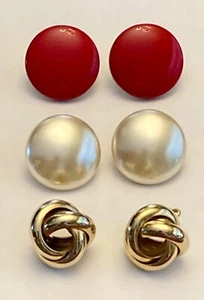 3 pair vintage clip on earrings red enamel pearlized and goldtone - Picture 1 of 3