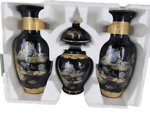 VTG Japanese 4-pc Hand painted Black/Gold 2 Vase, 1 Ginger Jar w/Lid~ Japan NIB - Picture 1 of 16