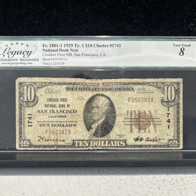 SASA 1929 $10 San Francisco Crocker First National Bank Legacy Vg8 Details - Image 1 of 2