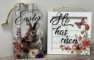 2 Small Hanging Easter Spring Signs One Reversible 5”x5” & 3”x6” Religious - Picture 1 of 5