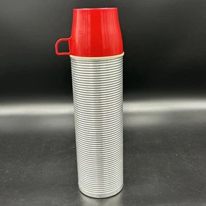 Vintage Thermos Model 2484 Red Top Aluminum Ribbed Vacuum Bottle Quart USA - Picture 1 of 8