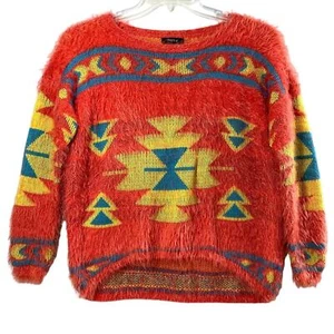 Verty Pullover Damen Medium Pulli Aztekenmuster koralle gelb blau flauschig Western - Bild 1 von 8