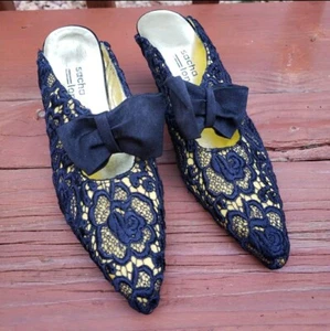 Sacha London Gold & Dark Blue Crocheted Looking Slip On Heels W/ Bows- 8B - Picture 1 of 17