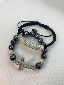 Black/Sliver Beaded Rhinestones Crucifix Religious Expandable pair of Bracelets - Picture 1 of 8