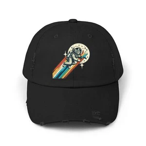 Unisex Distressed Hat Vintage Style Cat Astronaut Riding Rainbow Shooting Star - Picture 1 of 17