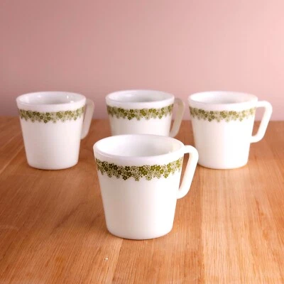 Set of 4 Vintage PYREX Milk Glass 1410 Spring Blossom Milk Glass D Handle Mugs - Image 1 of 3