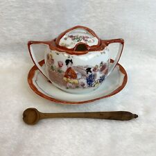 Vintage Made In Japan Hand-Painted One-Pc. Sugar Bowl & Saucer With Wooden Spoon