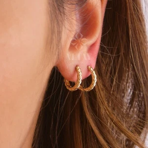 14K Gold Rope Huggie Earrings, Twist Huggie Hoop Earrings, Gold Rope Hoops - Picture 1 of 9