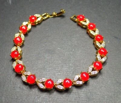 Brazalete Brazalete Chapado en Oro Amarillo Flor Diamante Imitación Cabujón Jade Rojo Foto 1 de 4