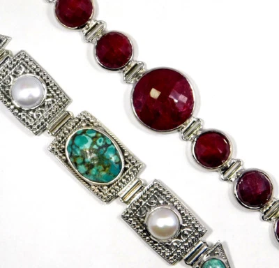 Handmade Pearl Turquoise & Ruby Bracelet 925 Sterling Silver Boho Jewelry MB1230 - Image 1 of 4