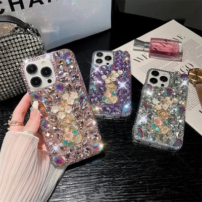For Huawei Honor Glitter Diamond Flower Back Case Phone Cover Fashion Women Girl - Image 1 of 4