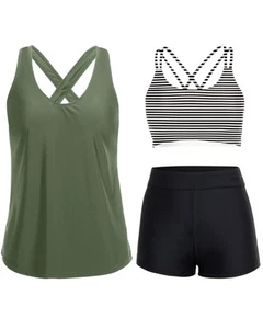 Schwarz gestreifter 3-teiliger Tankini Badeanzüge für Damen Bauchkontrolle Badeanzüge... - Bild 1 von 6
