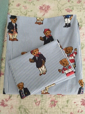 Ralph Lauren Polo Teddy Bear Stripe FULL  DOUBLE  Flat  sheet & 1 Pillowcase - Image 1 of 4