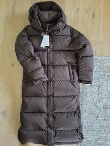 NWT QUINCE Responsible Down Quilted Puffer Hooded Long Jacket Hot Fudge XS - Picture 1 of 4