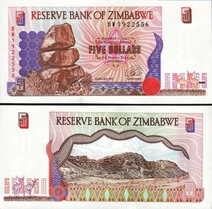 Banknote - 1997 Zimbabwe 5 Dollars P5b UNC, Balancing Rock (F) Terraced Hills - Bild 1 von 1