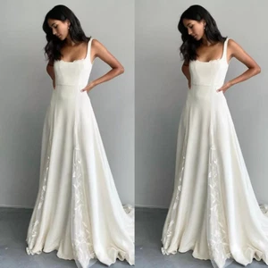 Elegant Wedding Dresses Square Neck Beach Bride Dress Lace Applique Bridal Gown - Picture 1 of 7