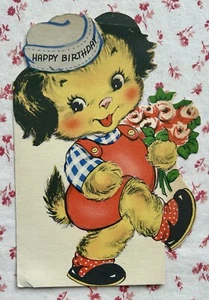 Vintage Mid Century Die-Cut Cute Puppy Dog Birthday Greeting Card Front - Picture 1 of 2