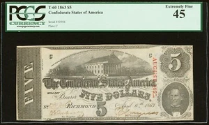 1863 $5 Confederate States of America T-60 - PCGS 45 - LOOKS BETTER! - Picture 1 of 2