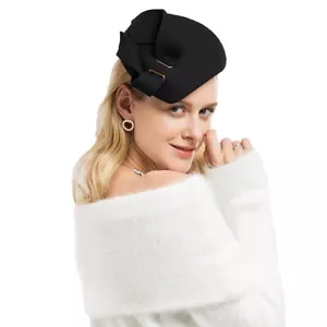 Schwarz Wollfilz Fascinator Hüte für Frauen Kirche Party Formell Derby Pillbox Hut - Bild 1 von 2