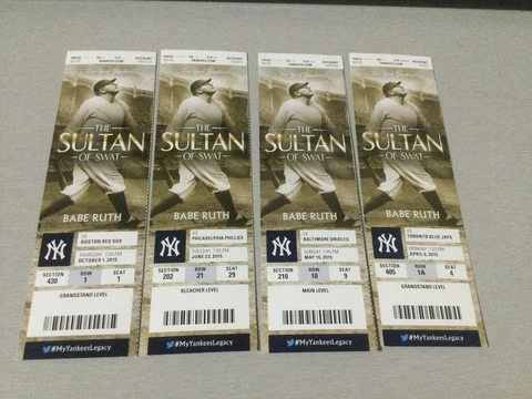 YANKEES 2015 TICKET STUB  4/6/15--5/10/15--6/23/15--10/1/15 COVER:Babe Ruth Cover